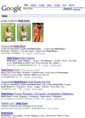 normales Google-Suchergebnis für 'Heidi Klum'